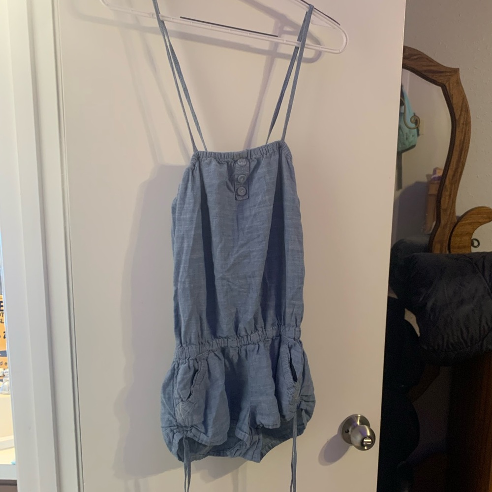 Little girls denim romper with adjustable straps